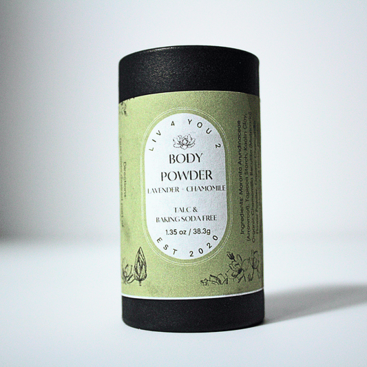 All Natural Body Powder in black tube with green + white label with black writing for Liv 4 You 2