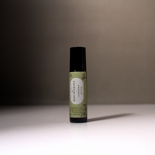 All natural roll on body perfume in brown glass bottle, black top, and green and white label. Liv 4 You 2