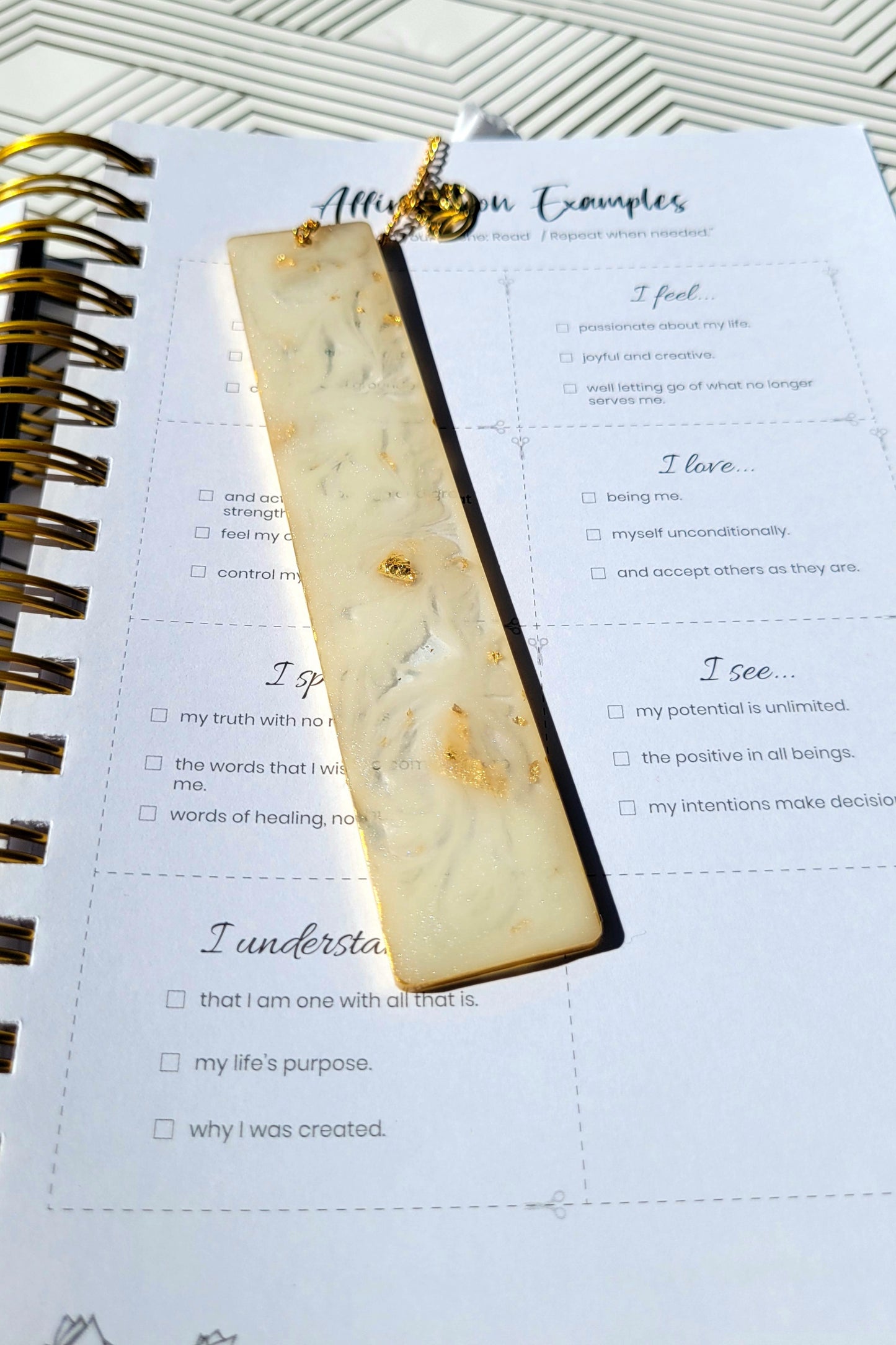 Liv 4 You 2: Cream resin bookmark on white page background Affirmation Example