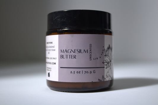 Unscented Magnesium Butter in amber glass glass, black screw lid, lavender and cream label with black print for Liv 4 You 2