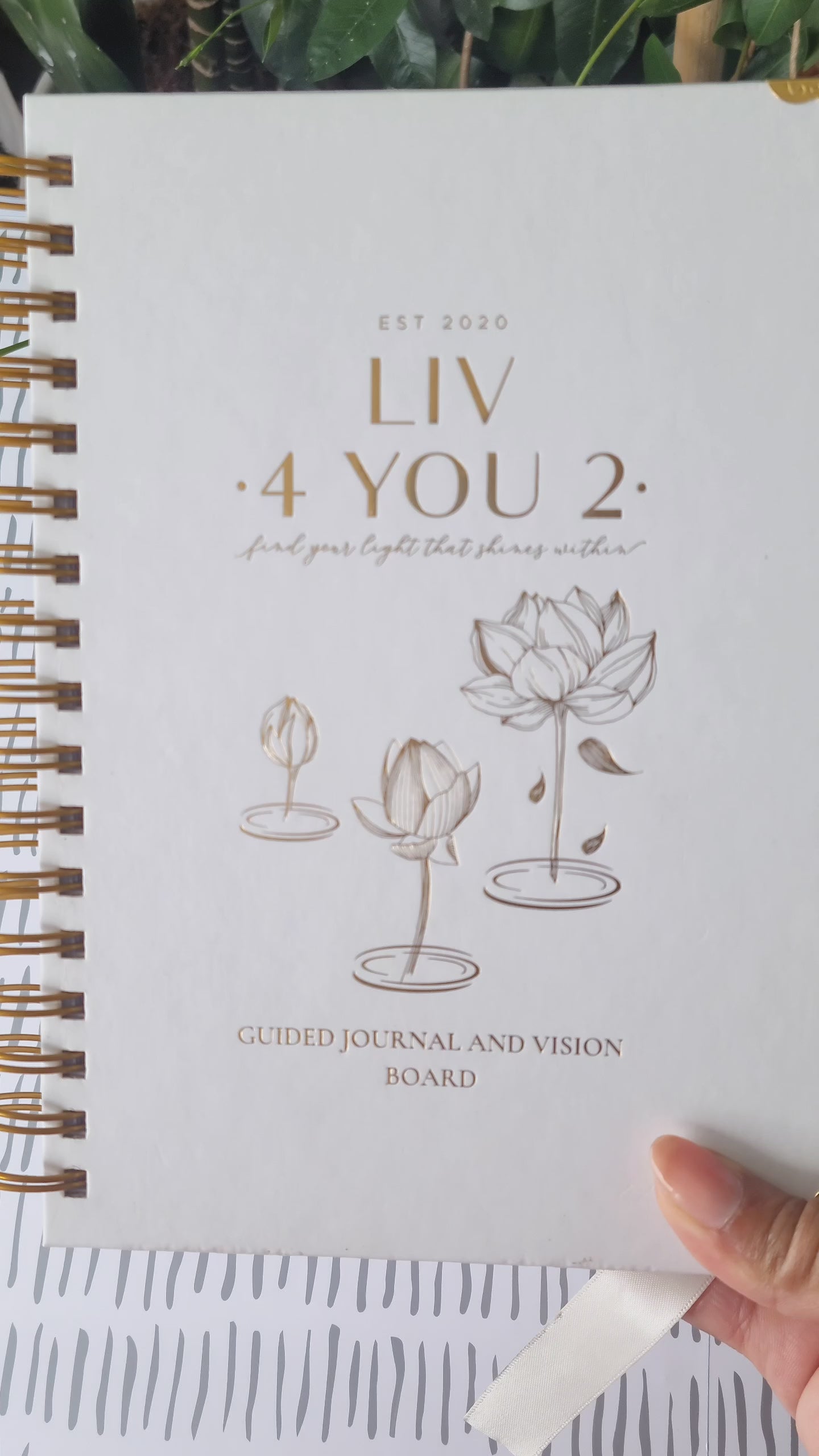 Liv 4 You 2 Cream and gold hardcover manifestation guided journal and vision board foil video.