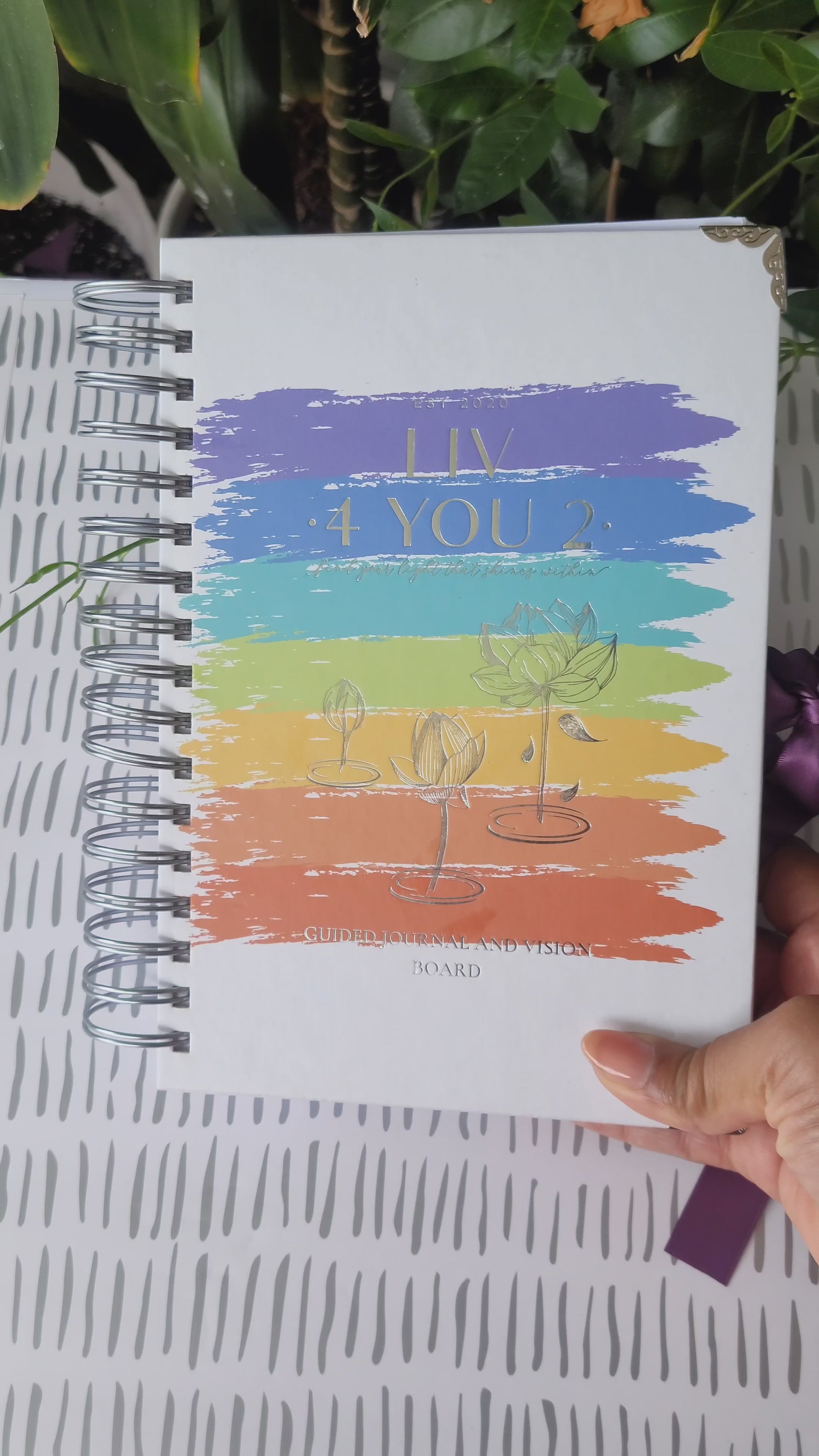 Liv 4 You 2: 7 Chakra hardcover manifestation guided journal and vision board video of silver foil.